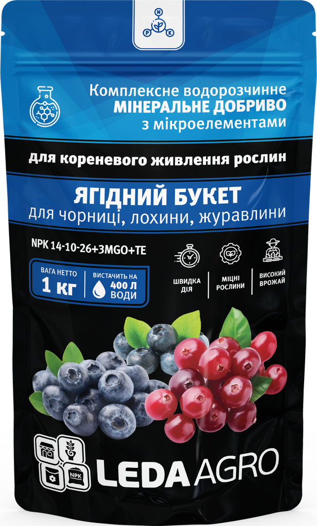 Ягідний букет, добриво для лохини, чорниці, журавлини 1кг  (ЛАН) NPK 14-10-26+3Mg+ТЕ